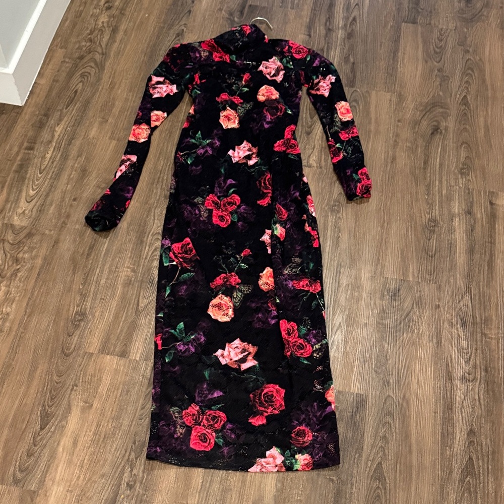 AFRM Black and Pink Floral Lace Long Sleeve Dress